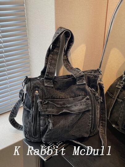 New Fashion Casual Multi-Pocket Jeans Tote Bag, Versatile Commuting Large-Capacity Women's Shoulder Bag, College Style College Student Class Bag, Medium Jeans Crossbody Bag, Suitable For Work Commuting, Shopping, Daily Use And School., Perfect For Cow Girl