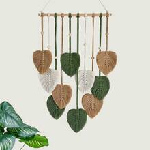 Tapiz bohemio tejido a mano con diseño de plumas en verde natural y beige y varilla de madera para dormitorio, sala de estar u oficina. - Café integral - Ver 7