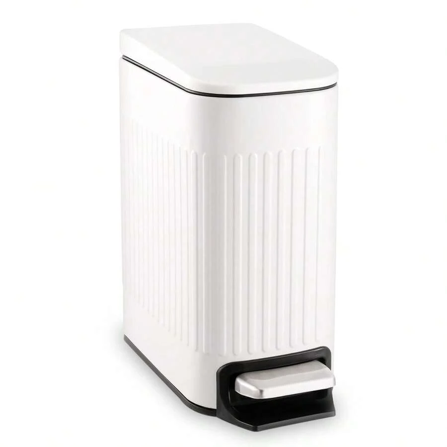 Slim Bathroom Trash Can With Lid Soft Close, 6 Liter/1.6 Gallon Stainless Steel Small Garbage Can With Removable Inner Bucket, Step Pedal, Slim Wastebasket For Toilet, Office, Bedroom, White - 白色 - 查看 1