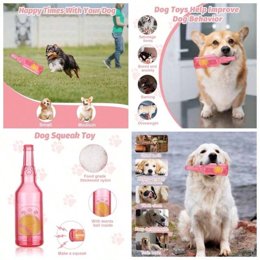Crunch and Bottle Dog, Zentric Crunchnplay Bottle Dogs, Pet Chew Beer Bottle with Tennis Ball, Squeaky Plastic Bottle Dog Small Medium Big 1* Pink - 1*Verde - Ver 1