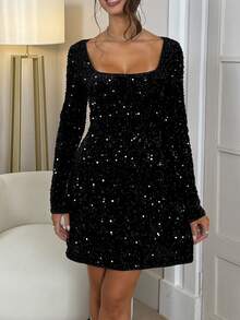 PoPoHouse 女士短款亮片连衣裙，性感优雅连衣裙，春季服装 - 黑色 - 查看 4