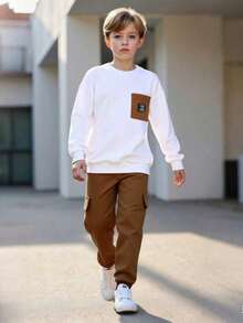 2pcs/Set Boys' Spring/Autumn Round Neck Sweatshirt And Casual Pocket Pants Set, White Solid Color Top With Sleeve, Sporty Bottoms, Fashion Outfit For Tween Boys