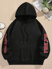 女士休闲连帽衫，印有嘴唇和字母图案，长袖，圆领，袋鼠式口袋带抽绳，冬季运动连帽衫