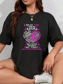 100% Algodón Unisex Yo uso rosa por mi mamá Camiseta de conciencia sobre el cáncer de mama, camiseta de manga corta estampada de otoño e invierno - Negro - Ver 1