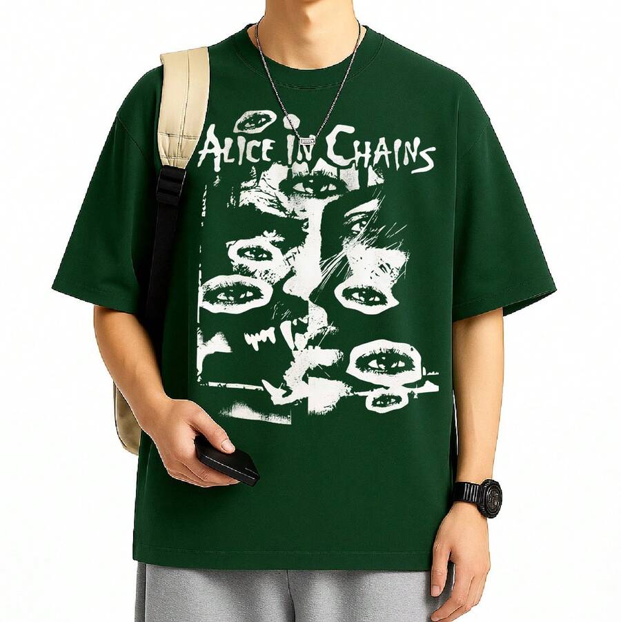 Alice In Chains T-Shirt International Rock Band Music Unisex Male Female 100% Cotton Premium Top Streetwear Launch Immediate Shipping Various Colors!! Plus Size - 軍綠色 - 查看 1
