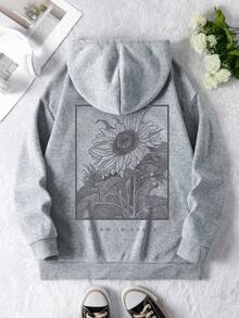 Plus Size Women's Sunflower With "GROW IN GRACE" Text Pattern Sweatshirt | Loose Casual Fall & Winter - Light Grey - View 6