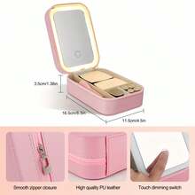 Portable LED Lighting Makeup Mirror Box - Foldable Travel Cosmetic Storage Box With USB Rechargeable Battery, Pink Leather Design, Suitable For Students, Women's Jewelry Storage And Portable Beauty, Small Makeup Case | Foldable Mirror Box | Faux Leather Finish