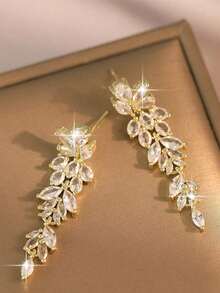 1pair Elegant Leaf Flower CZ Women Long Wedding Earrings With AAA Cubic Zirconia Dangle Earrings Jewelry - Gold - 查看 8