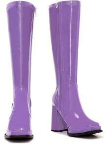 Wide Calf Plus Size Women's 70s Gogo Tall Knee High Square Toe Chunky Heel Retro Fashion Vintage Boots - 紫色專利 - 查看 3