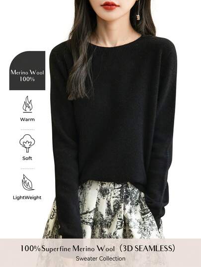 Women's 100% Merino Wool Sweater Autumn Winter Long Sleeve Women's Crewneck Sweater Warm Soft Knitted Pullover Top