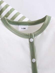 3件套可爱卡通熊猫条纹印花长袖连体衣，适合男婴，四季皆宜 - 綠色 - 查看 4