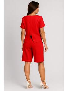Elegant Women's Set With Blouse And Bermuda Shorts In Sensory Fabric - Red - View 2
