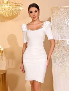 New Women's Glossy Handmade Rhinestone Bandage Square Neck Gigot Sleeve High Waist Cutout Slimming Ruffle Hem Mini Dress Party Ball Gown - White - View 2