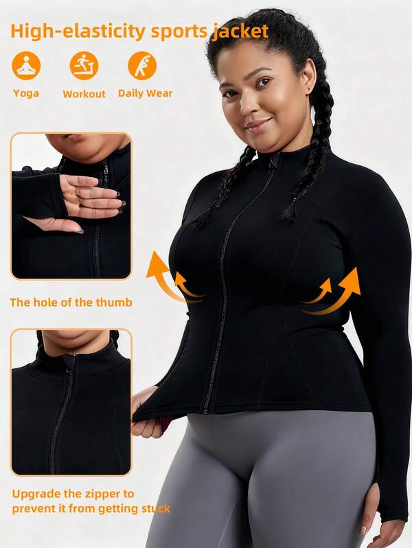 Plus Size Women's Solid Color Thumb Hole Long Sleeve Tight Zipper Yoga Jacket, Outdoor Cycling Outerwear, Running Workout Jacket With Pockets, Autumn/Winter