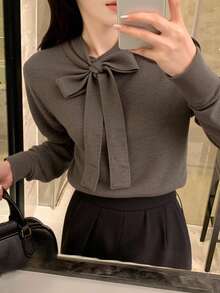 DAZY Áo len nữ họa tiết nơ đơn giản màu trơn mới về, quần áo thu đông cho nữ - màu nâu - Xem 4