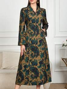 Elegant Paisley Print Long Arabian Dress For Women, Featuring Collar, Long Regular Sleeves, And Mock Buttons, Perfect For Fall Spring - Green - View 6