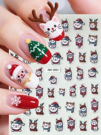 1 pieza Pegatina de arte de uñas navideño, calcomanías de uñas de gato de dibujos animados lindos, efecto brillante y brillante, forma asimétrica, adecuado para decoración de uñas de mujer, suministros de arte de uñas