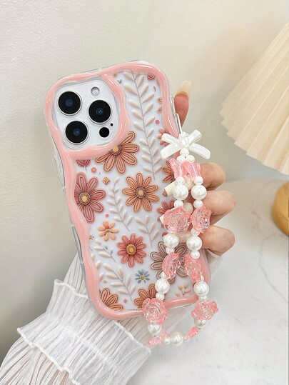 Flower Floral Painted Braided Wave Edge Elegant TPU Protective Phone Case With Handmade Beaded Bracelet Accessory, Compatible With IPhone 17pro/17Air /17/17promax16/11/16pro/16plus/16promax/16e/15Promax/13/14/12/XS/XR/7G/8P, Galaxy S25/S25PLUS, 11/12Pro/12/12X/13Pro/14Pro/15Pro/, Redmi 10/9/Note9/12c/Note11pro/Note8Pro