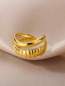 1 件装时尚纹理双层开口戒指，女士金色不锈钢几何戒指，婚礼派对珠宝礼品 - 彩色 - 查看 2