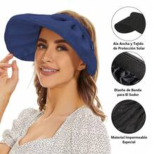 Sombrero de Visera y Ala Ancha 2 en 1 UPF 50+ para Mujer - Poliéster, Lavado a Mano, Origen China - Azul Marino - Ver 3