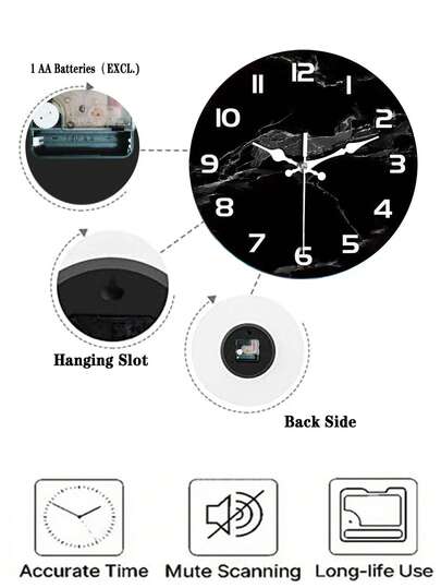 1pc Moderne Minimalist Zwart Marble Wand Klok Silent Non Ticking, Wooden Construction Bold Wit Numerals Battery Powered (No Included) Living Room, Office, Bedroom Elegante Home Interiors, Contemporary Premium Materials, ative Timepiece, Office Professionals view 5