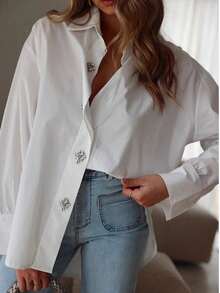 Elegant Long Solid Color Polyester Loose Fit White Shirt With Front Button & Rhinestone Decor, Suitable For Vacation In Autumn Spring - White - View 3