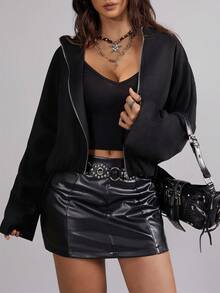 Chaqueta con cremallera de otoño para mujer Ela Vee, chaqueta con capucha negra para mujer, chaqueta de ropa urbana, abrigo negro casual, abrigo con cremallera de corte holgado, ropa de exterior de manga larga con bajo ajustado, chaqueta negra para mujer, moda de otoño e invierno