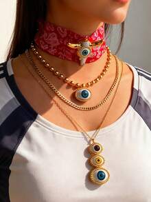 1Pc Western Cowboy Stylish Copper Beaded Eyes Cow Head Vegan Loop Chain Printed Scarf Necklace For Parties Music Festivals Out Hip Hop Enthusiasts Cowboy Lovers Wear, 18k Gold Plated Women's Gold Jewelry Halloween Gift(The Eye Pendant Is Secured With Foam Backing, And The Material Of The Eye Pendant Is Resin.) - Gold - View 2