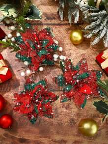 12/24 Pcs Christmas Glitter Red And Green Decorative Ornaments - Red And Green Artificial Flowers, Sparkling Festive Christmas Tree Decorations, Weddings, Home Decorations, Christmas Party Decorations, Wedding Decorations, Holiday Flower Decorations, Holiday Crafts, Wedding Planners, Perfect For Christmas