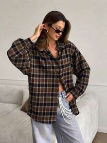 Casual Plaid Drop Shoulder Long Sleeve Shirt, Autumn - Coffee Brown - View 2
