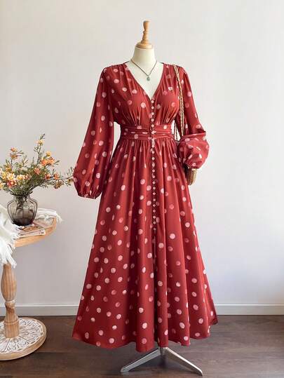 Rusttydustty Vestido de manga larga con estampado de lunares en estilo bohemio retro para otoño e invierno, vestido elegante para fiestas de vacaciones, Navidad, Acción de Gracias, Año Nuevo