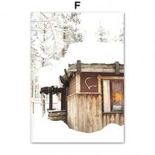 Pintura en lienzo de impresión minimalista de escena invernal con alces, árboles y campo para decoración del hogar y sala de estar - Multicolor - Ver 22