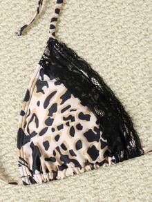 性感豹纹露背系带比基尼套装，侧系带丁字裤，高弹面料，适合度假沙滩，黑色夏季 - 黑色 - 查看 7