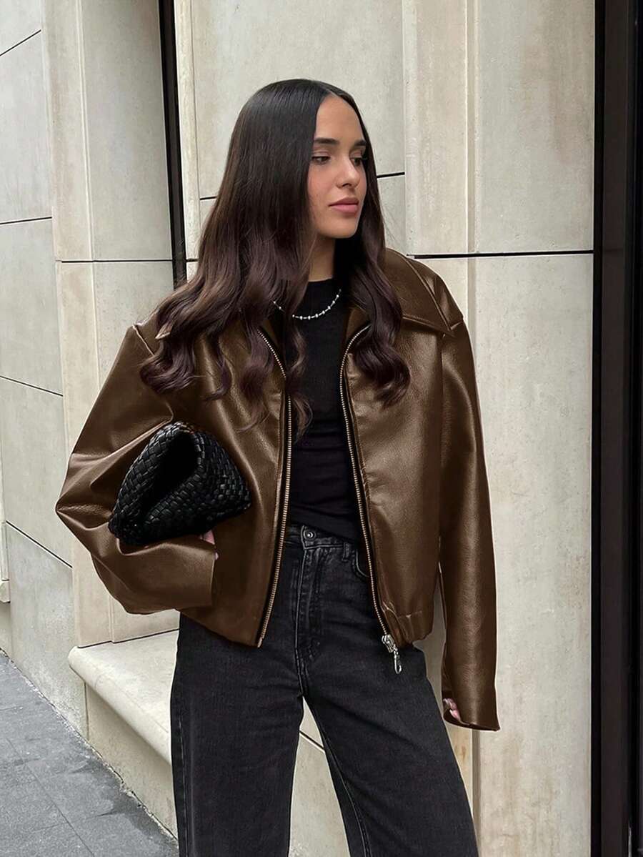 Áo khoác da phong cách xe máy cổ điển dành cho nữ, áo khoác bomber da mỏng nhẹ, hoàn thiện mờ, khóa kéo, thời trang & sang trọng, mùa xuân - màu nâu - Xem 1