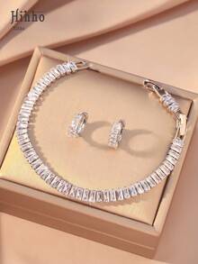 Hihho 3pcs Cubic Zirconia Wedding Jewelry Set, Bridal Cubic Zirconia Tennis Bracelet, Women Jewelry Set