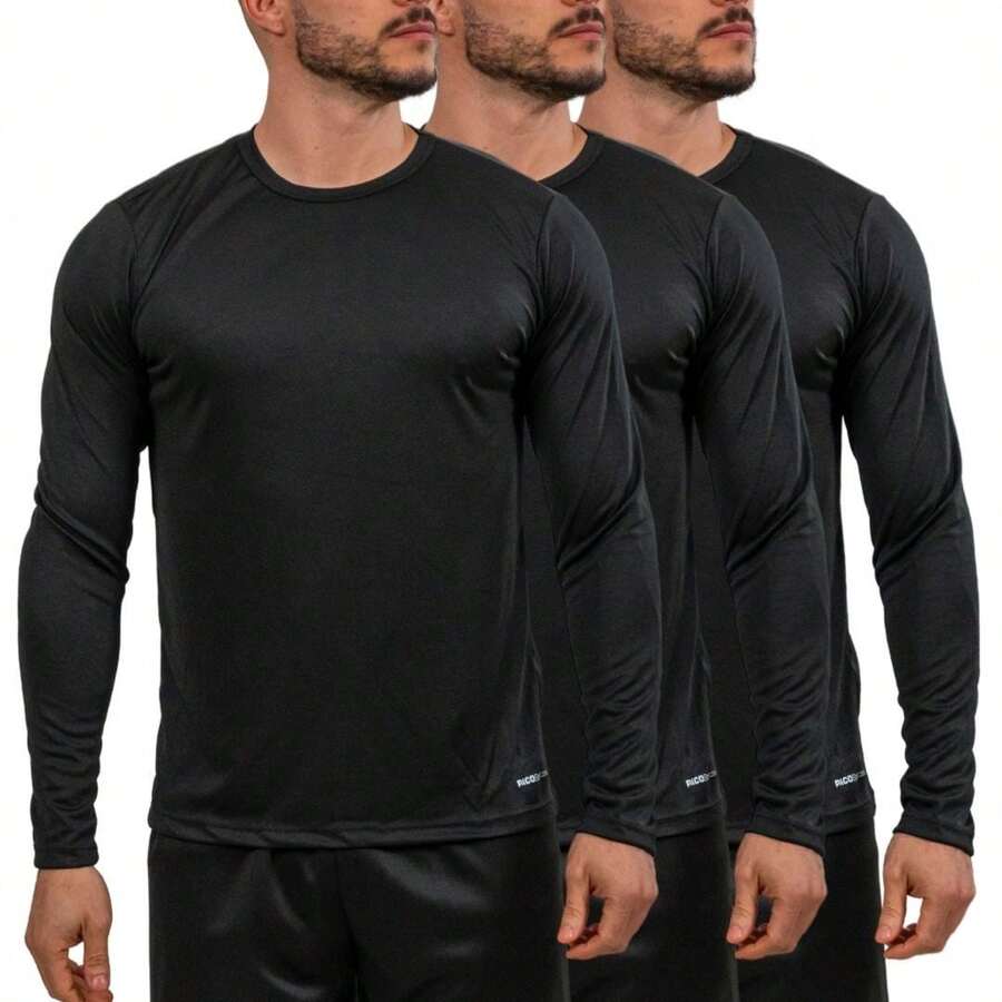 KIT 3 Black Thermal T-Shirts UV Protection 50+ Men's Long Sleeve Top Second Skin For Physical Activity - 黑色 - 查看 1