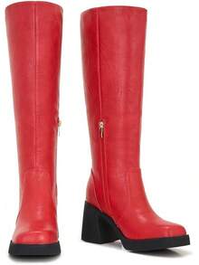 Wide Calf Plus Size Women's 70s Gogo Tall Knee High Square Toe Chunky Heel Retro Fashion Vintage Boots - 深紅色 Pu - 查看 4
