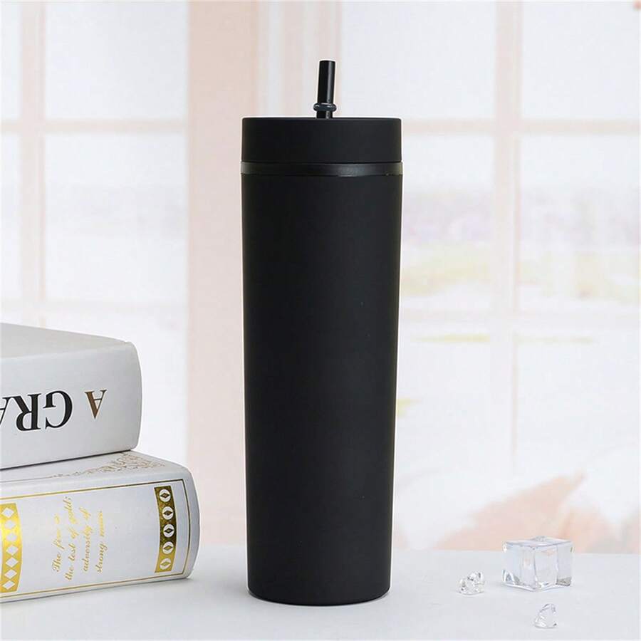 500毫升/17盎司双层哑光橡胶可重复使用直吸管杯，男女通用办公水瓶，高品质玻璃杯，咖啡杯。适用于办公室、餐厅、户外、学校以及生日、母亲节、节日礼物 - 彩色 - 查看 1