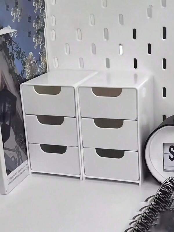 1pc White Plastic Desktop Storage Box, Classic Stackable Storage Drawers, Suitable For Office Supplies, Jewelry, Cosmetics - Space-Saving Desktop Accessory, Suitable For Dorm Use, Desk And Drawer Organizer For Home Storage, Fashionable 3-Tier Partition Divider - Ideal For Office Supplies, Merchandise And Cosmetics Storage - Lightweight Portable Plastic Board Accessory, Shelf Accessory And Merchandise Box
