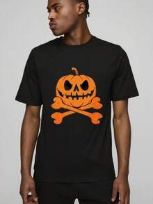 Halloween Short Sleeve Black T-Shirt with Pumpkin Skull Crossbones Print for Festive Party Wear - Negro - Ver 5
