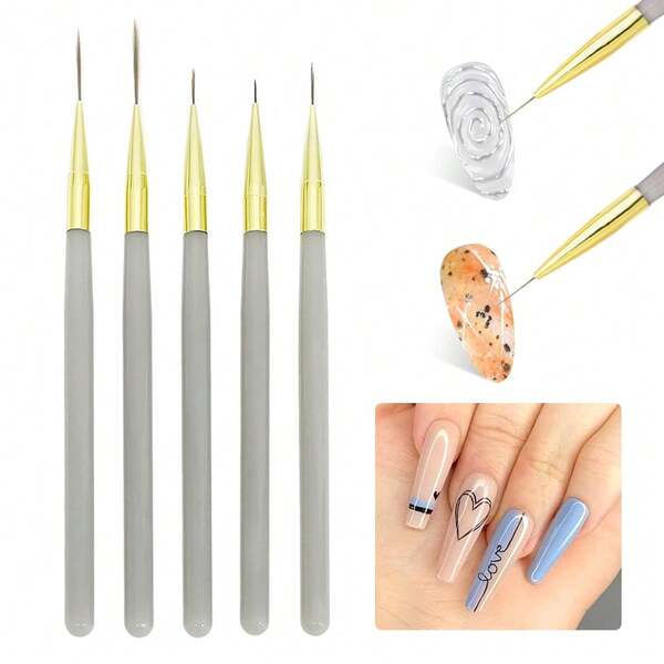 5 pincéis de manicure extrafinos para detalhes - Canetas de pintura douradas para nail art, linhas precisas, efeitos florais e designs degradê - Ferramentas de manicure, suprimentos de manicure para salões de beleza, cuidados com as unhas em casa, presentes de Natal