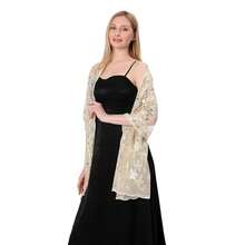 Shawls And Wraps For Evening Dresses,Women Formal 1920s Sequin Flower Sheer Shawls And Wraps For Wedding-{"Color_name":"Beige"} - 米色 - 查看 7