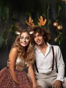 2 Pieces Christmas Carnival Party Performance Antler Headbands With Reindeer Ears + Puffy Skirts, Deer Accessory Sets - Khaki - View 6