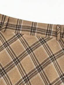 Women's High Waist Plaid Casual/Office Midi Skirt - Khaki - View 3