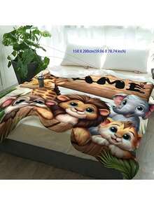 1 Peça Manta Flanelada Personalizável com Nome Hipoalergênica e Lavável em Máquina com Tema de Zoológico de Animais - Capa de Minky com Desenho de Elefante, Leão, Macaco e Girafa - Edredom Leve para Todas as Estações para Piquenique, Viagem e Soneca