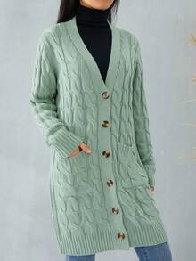 Female Cardigan, Solid Color Long Sleeve Sweater Knitted Coat With Pockets For Spring Fall, S/M/L - Light Green - View 2