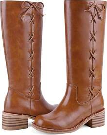 Women's Knee High Chunky Block Heel Square Toe Low Heel Boots, Style - Lace Saddle - View 3
