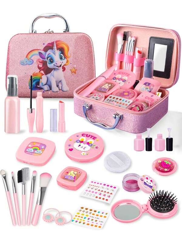 New Purple Unicorn Girl Makeup Set Toy, Includes Bag, Wallet, Storage, Interactive Play, Simulation Makeup, Role Play, Hobby, Christmas Gift