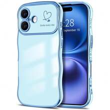 For IPhone 16 Plus Case Wave Wavy Phone Cases With Love Heart, Luxury Plating Edge Cute Curly Shape Cover For Women Girls, Thin Slim Soft TPU Rubber Shockproof Protective Cover, Light Blue{"Color_name":"LightBlue","Size_name":"ForiPhone16Plus-6.7inch"} - 多色24 - 查看 1