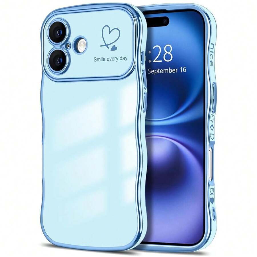 For IPhone 16 Plus Case Wave Wavy Phone Cases With Love Heart, Luxury Plating Edge Cute Curly Shape Cover For Women Girls, Thin Slim Soft TPU Rubber Shockproof Protective Cover, Light Blue{"Color_name":"LightBlue","Size_name":"ForiPhone16Plus-6.7inch"} - 多色24 - 查看 1